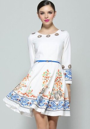White Long Sleeve Floral Coins Print Dress#100000213122102835