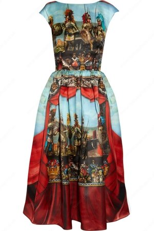 Blue and Red Cap Sleeve Theater Printed Midi Dress#100000213122102837