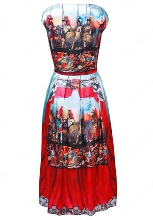Blue and Red Cap Sleeve Theater Printed Midi Dress#100000213122102837