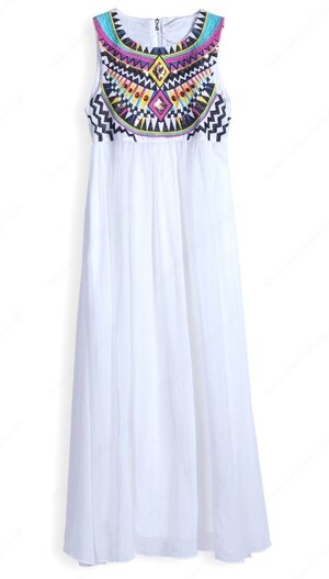 White Sleeveless Embroidery Pleated Chiffon Dress#100000213122102838