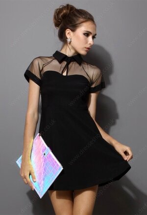 Black Short Sleeve Mesh Peak Collar Skater Dress#100000213122102839