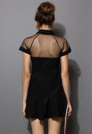 Black Short Sleeve Mesh Peak Collar Skater Dress#100000213122102839