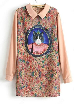 Pink Long Sleeve Cat Queen Print Straight Dress#100000213122102840