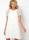 White Contrast Lace Short Sleeve Split Chiffon Dress
