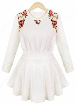 White Long Sleeve Contrast Floral Ruffle Dress#100000513122503084