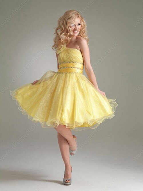 Discount Short/Mini Light Yellow Tulle Beading One Shoulder Prom Dresses #02013242