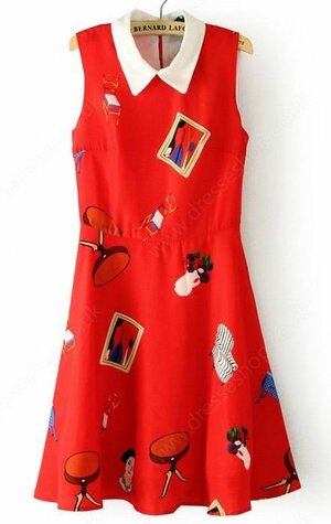 Red Sleeveless Contrast Collar Furnitures Print Dress #100000513122603147
