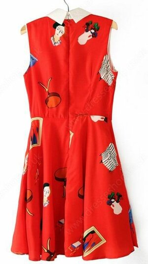 Red Sleeveless Contrast Collar Furnitures Print Dress #100000513122603147