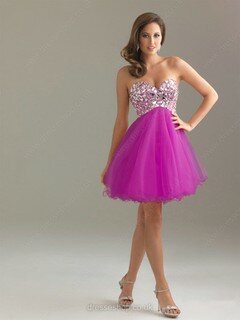 A-line Sweetheart Tulle Short/Mini Sleeveless Rhinestone Prom Dresses #02013282