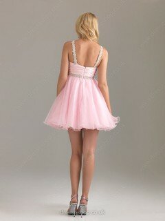 A-line Straps Tulle Short/Mini Sleeveless Crystal Detailing Prom Dresses #02013283