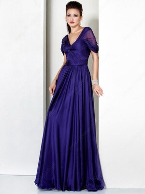 A-line V-neck Chiffon Floor-length Short Sleeve Criss Cross Prom Dresses #02013306