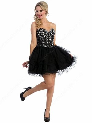Black Sweetheart Lace-up Tulle Ruffles Famous Short/Mini Prom Dresses #02013355