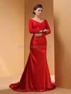 Trumpet/Mermaid V-neck Elastic Woven Satin Court Train Lace Prom Dresses