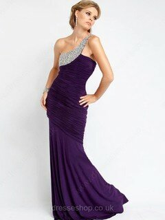 One Shoulder Pleats Elastic Woven Satin Beading Trumpet/Mermaid Purple Prom Dress #02013442
