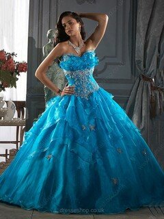 Ball Gown Lace-up Blue Organza Beading Strapless Prom Dresses #02014515