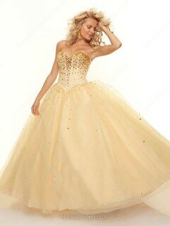 Champagne Ball Gown Tulle Beading Floor-length Online Prom Dresses #02014516