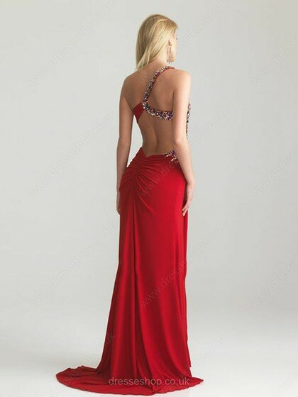 Red Backless Chiffon Beading One Shoulder Split Front Sheath/Column Prom Dress #02014517