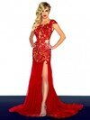 Sexy Trumpet/Mermaid Scoop Neck Red Chiffon Lace Split Front Prom Dress