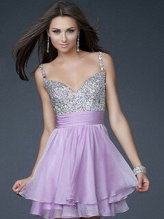 Fashion Ruffles Chiffon Sequined Short/Mini Lilac V-neck Prom Dresses #02014578
