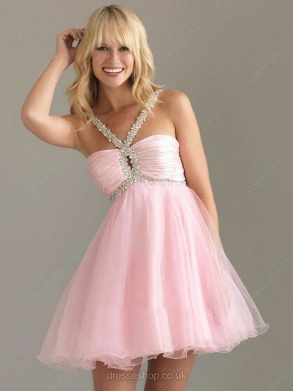 Discount Sweetheart Ball Gown Tulle Beading Short/Mini Pink Prom Dresses #02014619