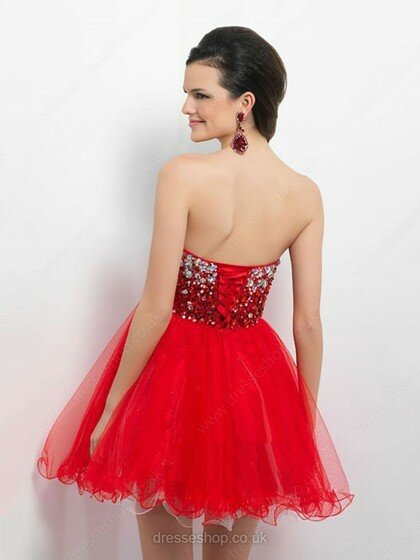 Sweetheart Red Tulle Crystal Detailing Lace-up Discounted Short/Mini Prom Dresses #02014673