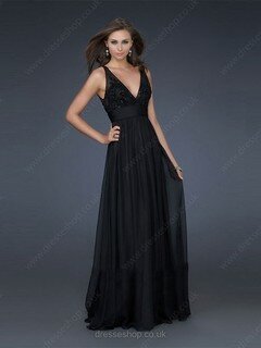 Cheap V-neck Black Chiffon Tulle Appliques Lace A-line Prom Dresses #02023266