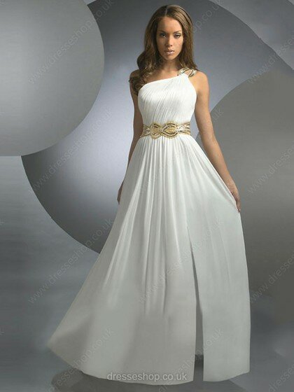 Discounted A-line One Shoulder Chiffon Split Front White Prom Dresses #02130058