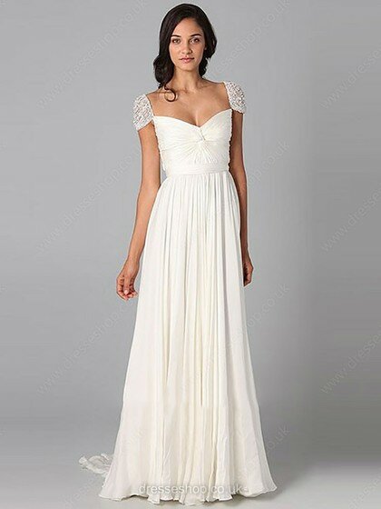 Discount V-neck Chiffon Beading Sweep Train White Prom Dresses #02014700