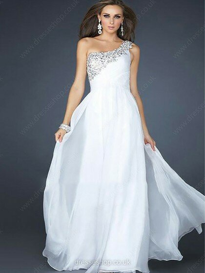 Sweet One Shoulder White Zipper at Side Chiffon Beading A-line Prom Dresses #02014713