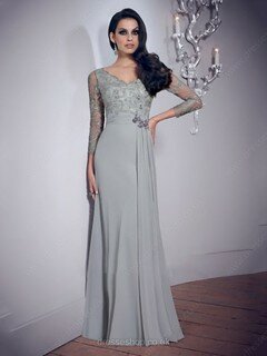 V-neck 3/4 Sleeve Gray Chiffon Lace Beading Sheath/Column Prom Dress #02014771