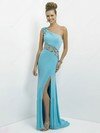 Sheath/Column One Shoulder Chiffon Tulle Sweep Train Split Front Prom Dresses #02014799