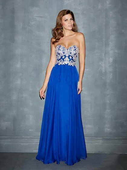 Sweetheart Floor-length Blue Chiffon Appliques Lace Backless Prom Dress #02014835