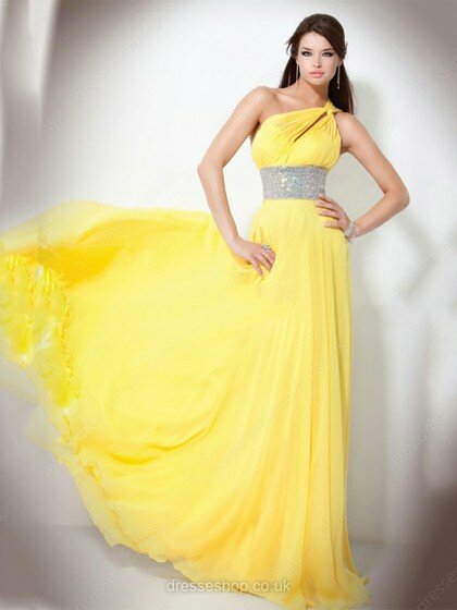 Modest Chiffon with Sequins Sweep Train One Shoulder Yellow Prom Dresses #02014842