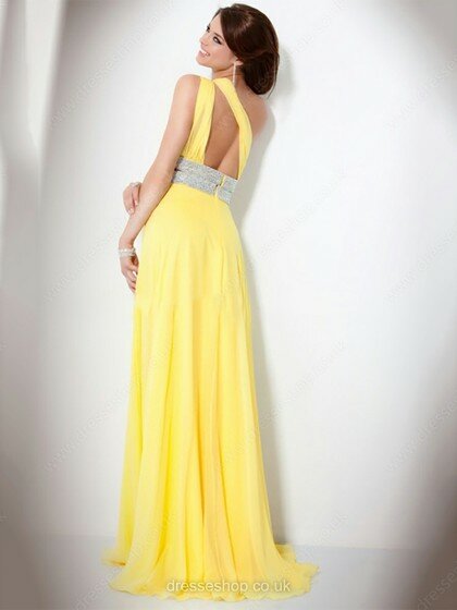 Modest Chiffon with Sequins Sweep Train One Shoulder Yellow Prom Dresses #02014842