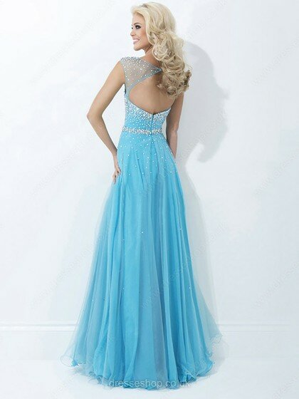 Open Back Chiffon Tulle with Beading Scoop Neck Blue Pretty Prom Dress #02014855