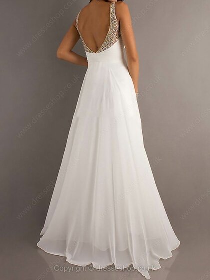 Floor-length V-neck White Chiffon Beading Open Back Prom Dress #02014888