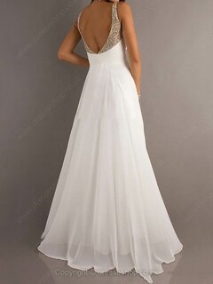 Floor-length V-neck White Chiffon Beading Open Back Prom Dress #02014888
