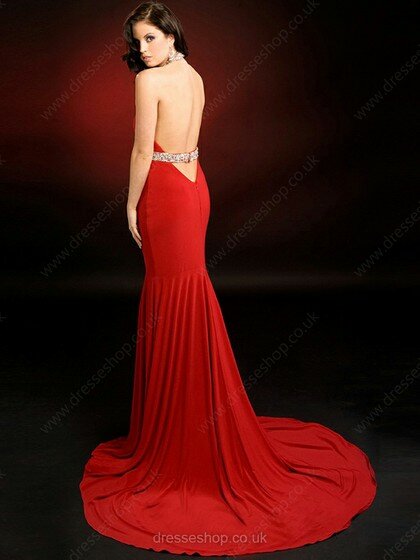 Backless Sheath/Column Halter Chiffon Beading Split Front Red Prom Dress #02015095