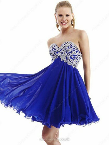 Short/Mini Lace-up Royal Blue Chiffon with Appliques Lace Sweetheart Prom Dresses #02042365