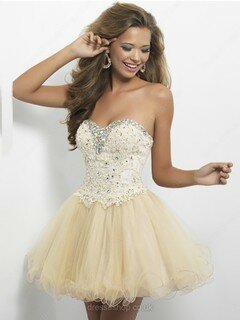 Ball Gown Champagne Tulle Appliques Lace Cute Short/Mini Prom Dresses #02042380