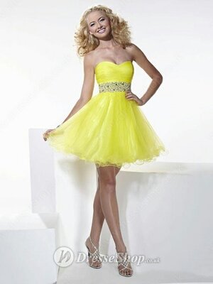 A-line Sweetheart Tulle Short/Mini Sleeveless Rhinestone Prom Dresses #02013525