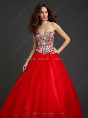 Ball Gown Lace-up Tulle Crystal Detailing Sweetheart Red Prom Dresses #02071948