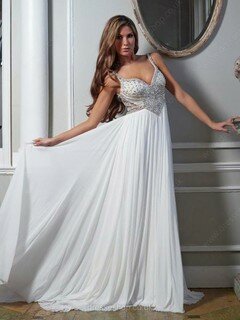 V-neck Chiffon Tulle Floor-length Beading Open Back White Prom Dress #02023277