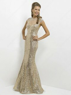Backless Trumpet/Mermaid Scoop Neck Tulle Sequined Crystal Detailing Gold Prom Dress #02023309