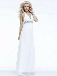 Empire White Chiffon Beading Open Back Halter Prom Dresses #02023312
