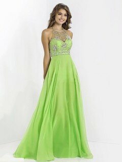 A-line Jewel Chiffon Floor-length Rhinestone Prom Dresses #02015270