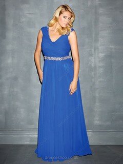 V-neck Chiffon Sweep Train Beading Royal Blue Promotion Prom Dress #02015174