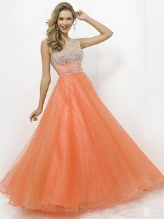 Orange Satin Tulle Scoop Neck with Beading Open Back Top Prom Dress #02015243