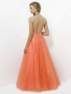 A-line Scoop Tulle Satin Floor-length Rhinestone Prom Dresses #02015243