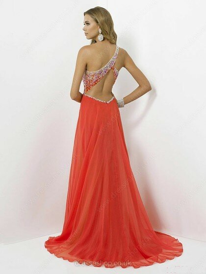 Backless Chiffon Sweep Train Beading Great One Shoulder Prom Dress #02015275